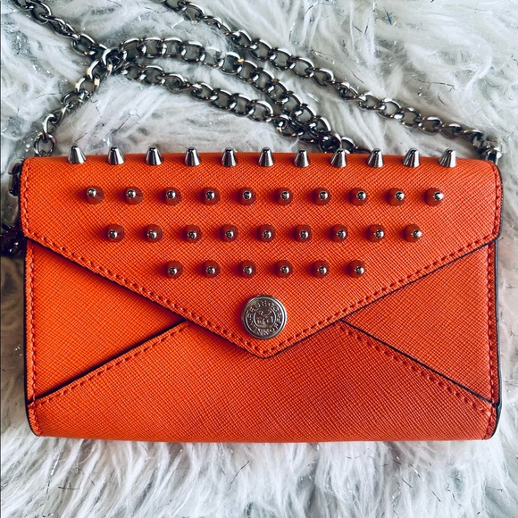 Rebecca Minkoff Leather Orange Studded Spiked on a Chain Wallet Clutch Purse - Picture 4 of 6